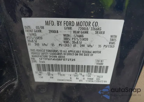 2008 Ford F-150 Lariat z USA, uszkodzony, nr VIN 1FTPW14V08FB72725